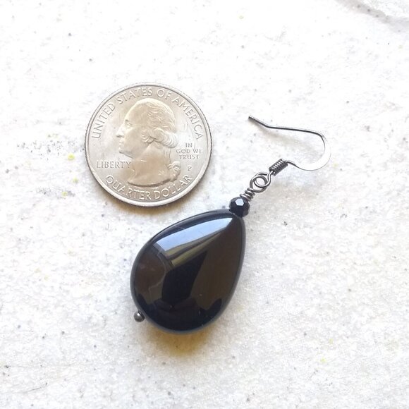 Heavy Black Agate Teardrop Statement Earrings Minimalist Grief Evening Wear Goth - Picture 5 of 9